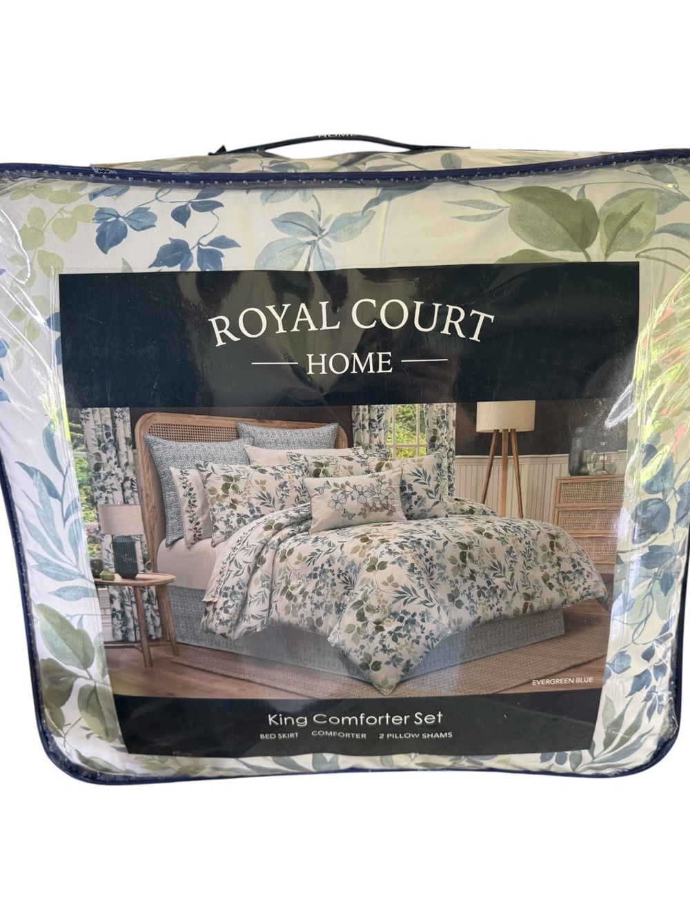 Royal Court Home Evergreen Blue King Comforter Set 4 Pc Botanical Floral NIP